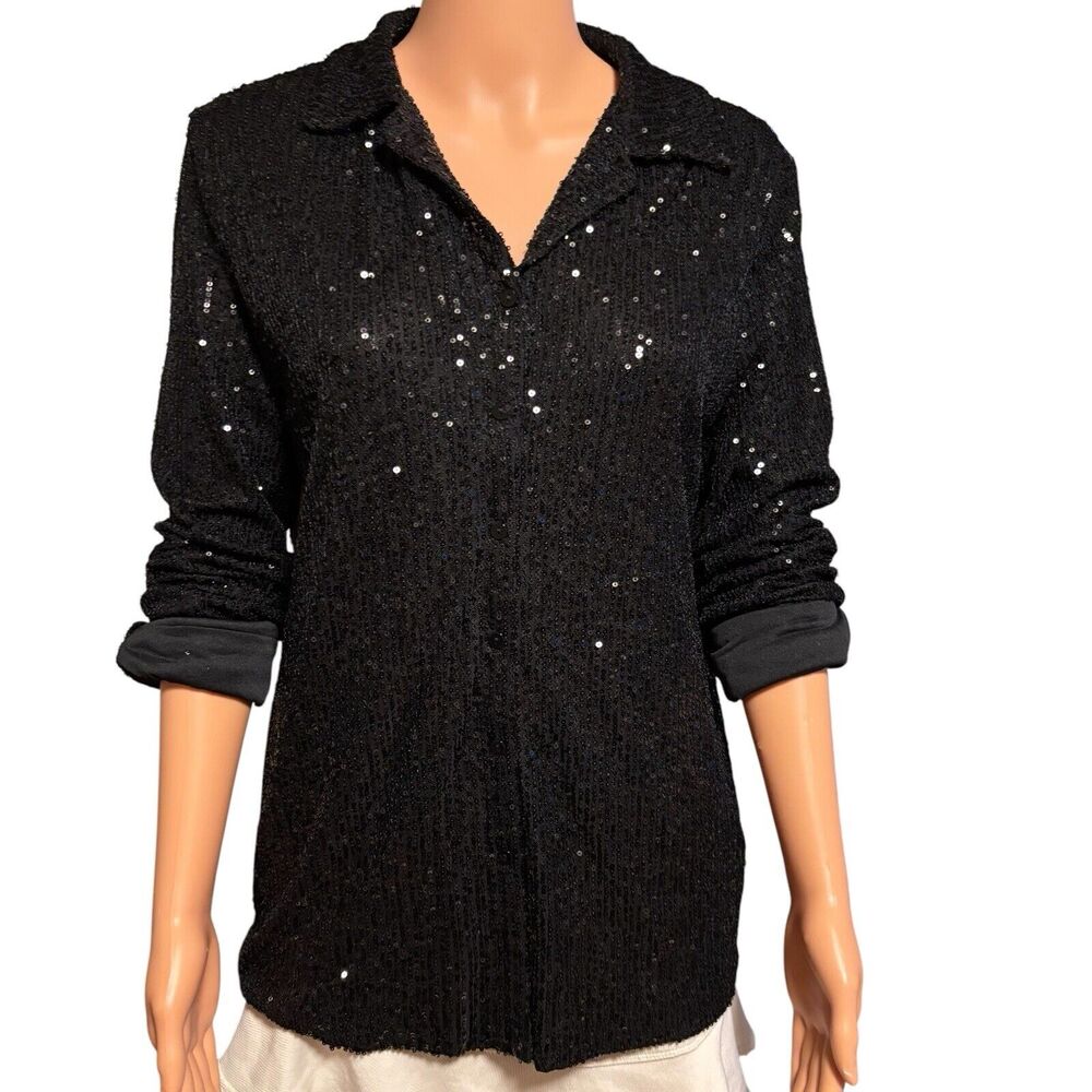 NWOT Hudson Gray Size M Black Sequin Button Dress Shirt Event Party
